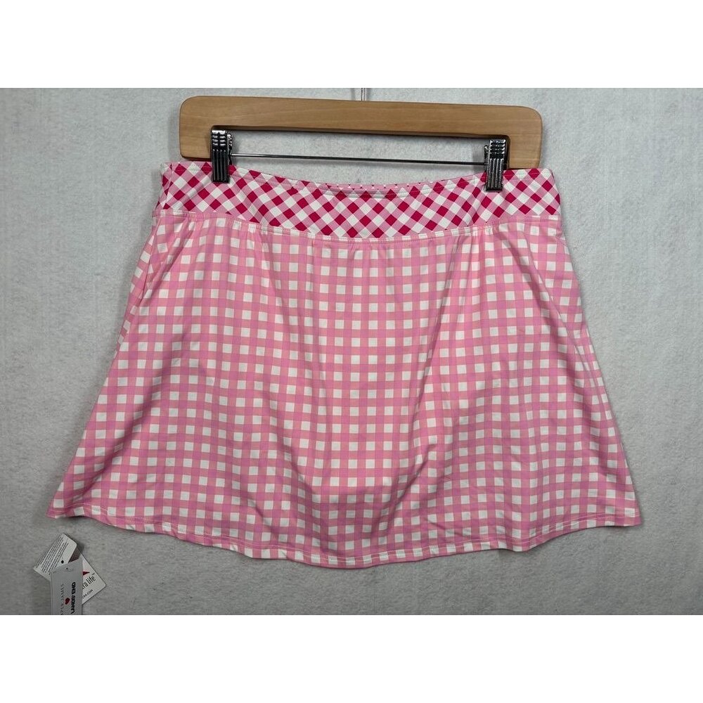 Lands' End x Draper James Women's Swim Skirt Pink White Gingham Check Size 12